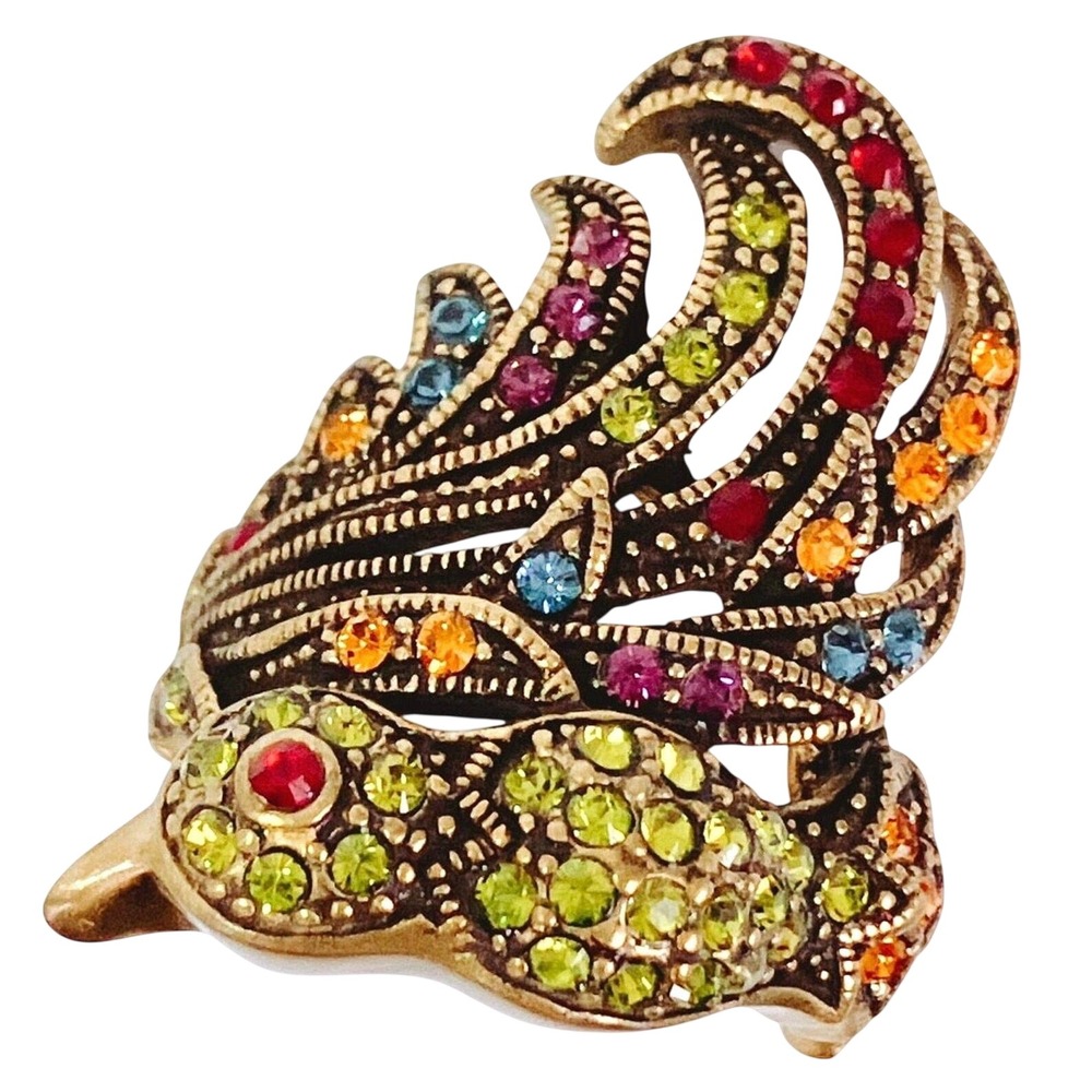 Heidi Daus Multi Color Crystal Peacock Statement Ring Antique Bronze Tone